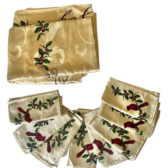 St. Nicholaus Square Other - St. Nicholaus Square Christmas Tablecloth & 8 Napkins Set Cardinals Script Cream